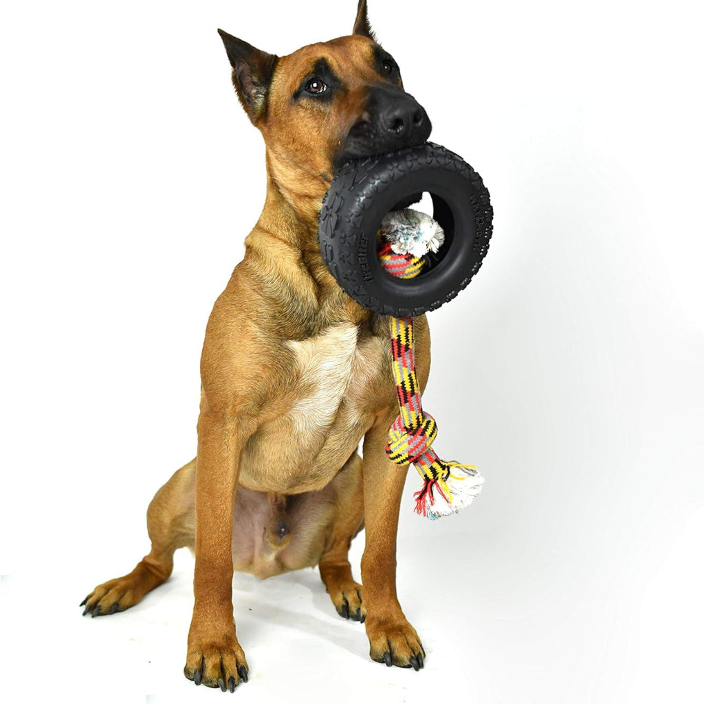 Mammoth Pet Products TireBiterII with Cotton-Poly Rope-Natural Rubber Dog Toys for Extreme Chewers-Dog Toys for Extra Long Interactive Play-Aggressive Chewer Toys for Large-X-Large 7" Black (35018F)
