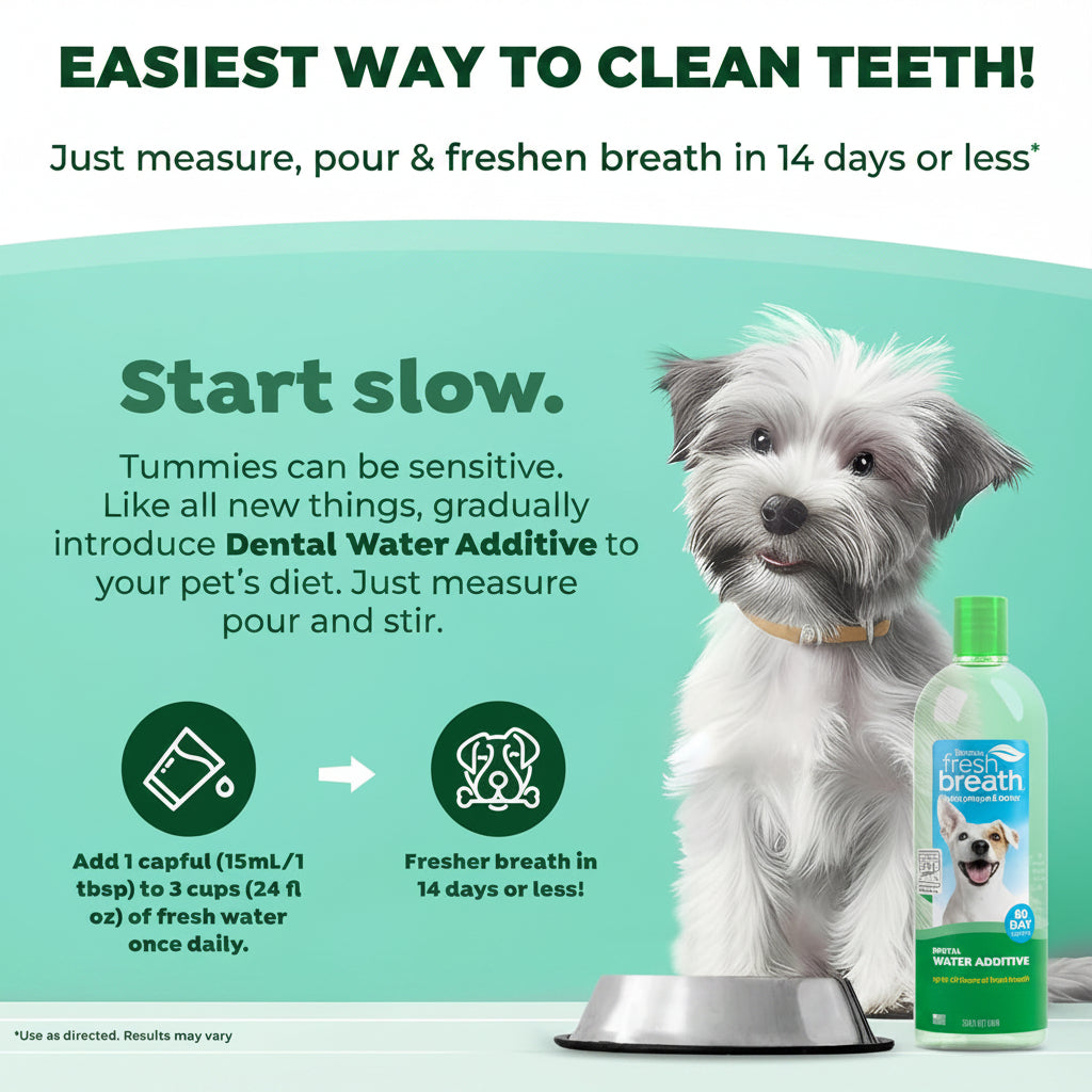 TropiClean Fresh Breath Water Additive for Dogs, Dog Breath Freshener and Teeth Cleaning Solution, No Toothpaste or Toothbrush Required, 33.8oz.