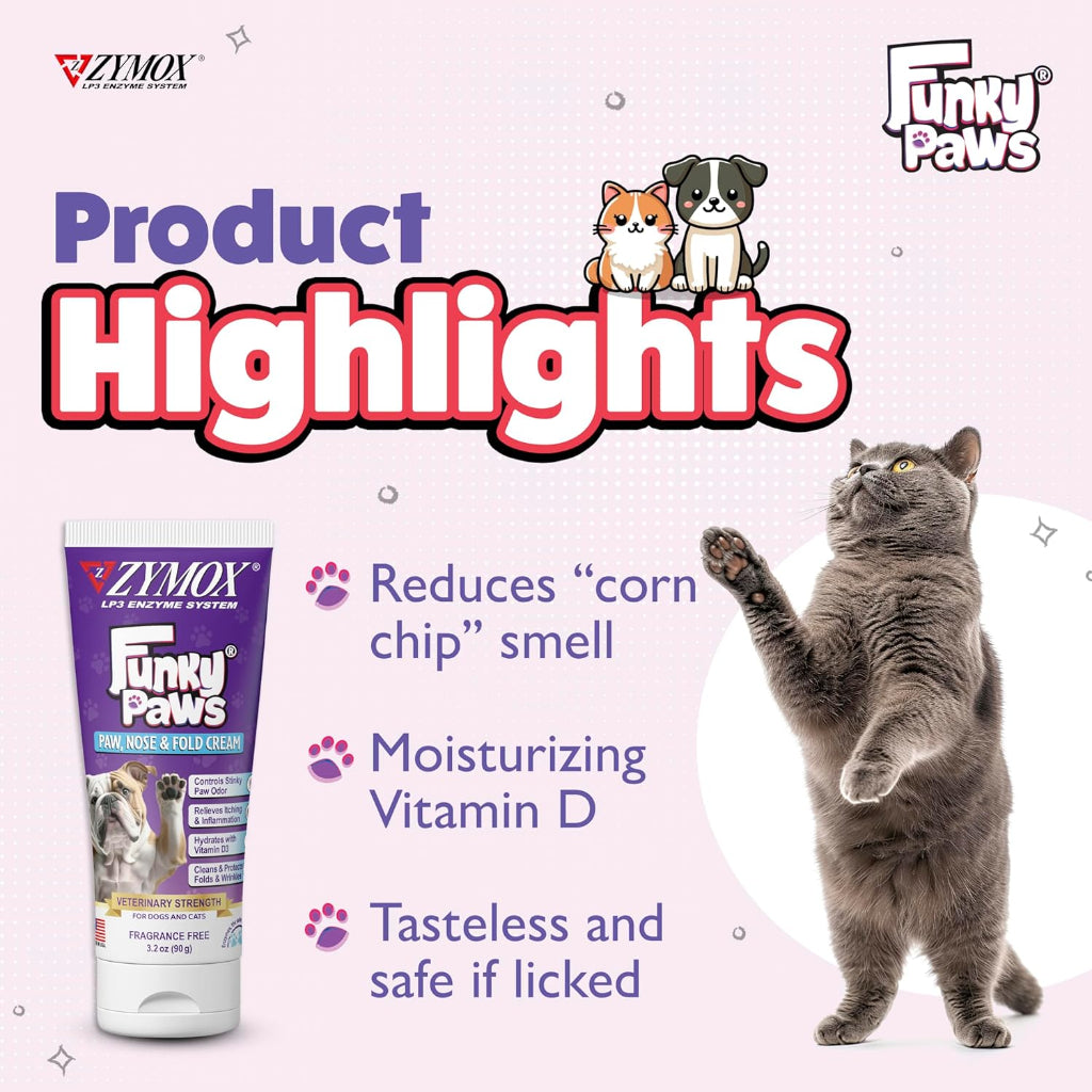 Zymox Funky Paws - Paw, Nose & Fold Cream for Dogs & Cats - Veterinary Strength - Reduces Corn Chip Feet Smell - Hydrates & Soothes the Skin - Relieves Itching & Irritation - Fragrance Free - 90g
