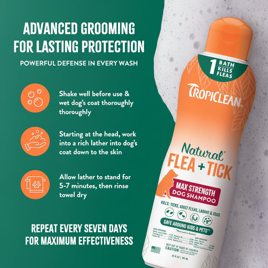 TropiClean Max Strength Flea and Tick Shampoo Treatment for Dogs, Powerful & Natural Defense, Prevention for Large & Small Dogs, Made in USA, 20oz