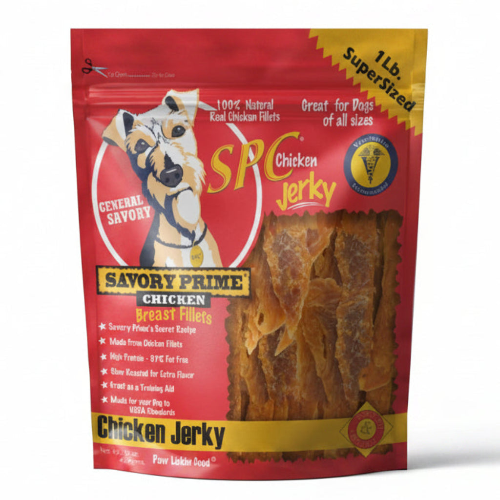Savory Prime Chicken Jerky Dog Treats, Made with 100% Real Chicken Breast, Farm Raised, Healthy, Easily Digestible, High Protein, Satisfies Dog's Urge to Chew, 1 Pound (Pack of 1)