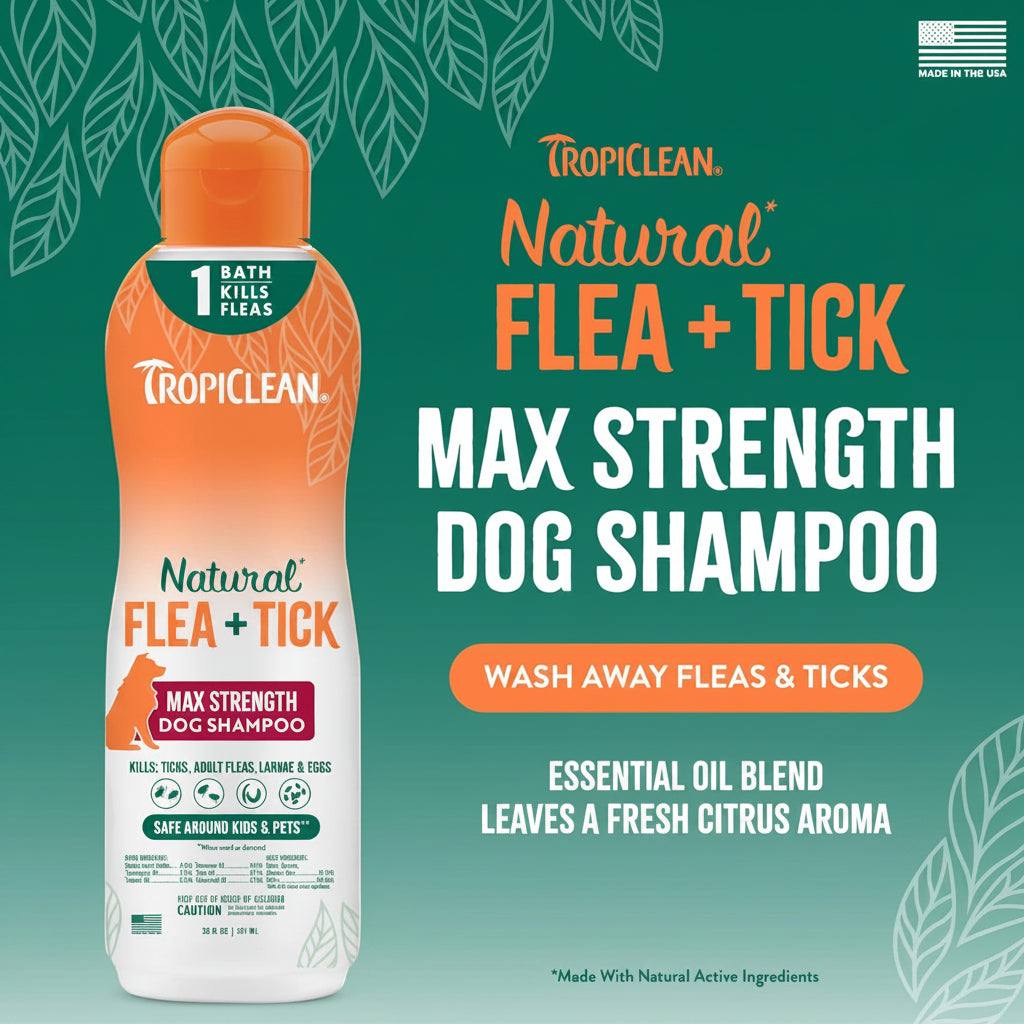 TropiClean Max Strength Flea and Tick Shampoo Treatment for Dogs, Powerful & Natural Defense, Prevention for Large & Small Dogs, Made in USA, 20oz