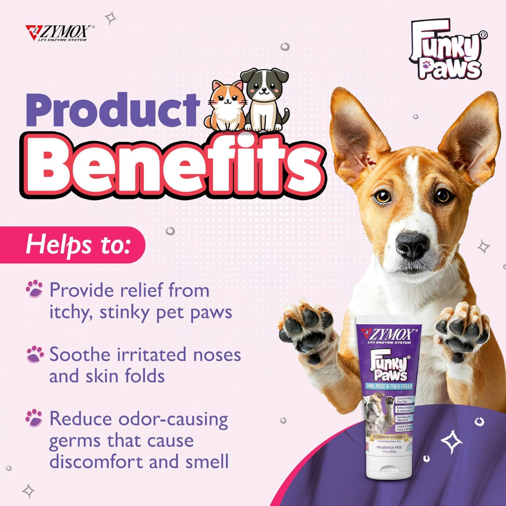 Zymox Funky Paws - Paw, Nose & Fold Cream for Dogs & Cats - Veterinary Strength - Reduces Corn Chip Feet Smell - Hydrates & Soothes the Skin - Relieves Itching & Irritation - Fragrance Free - 90g