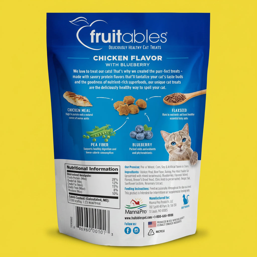 Fruitables Cat Treats Crunchy Cat Treats Packed with Protein Healthy Low Calorie Free of Wheat, Corn and Soy Made with Real Chicken and Blueberry 30 Ounces