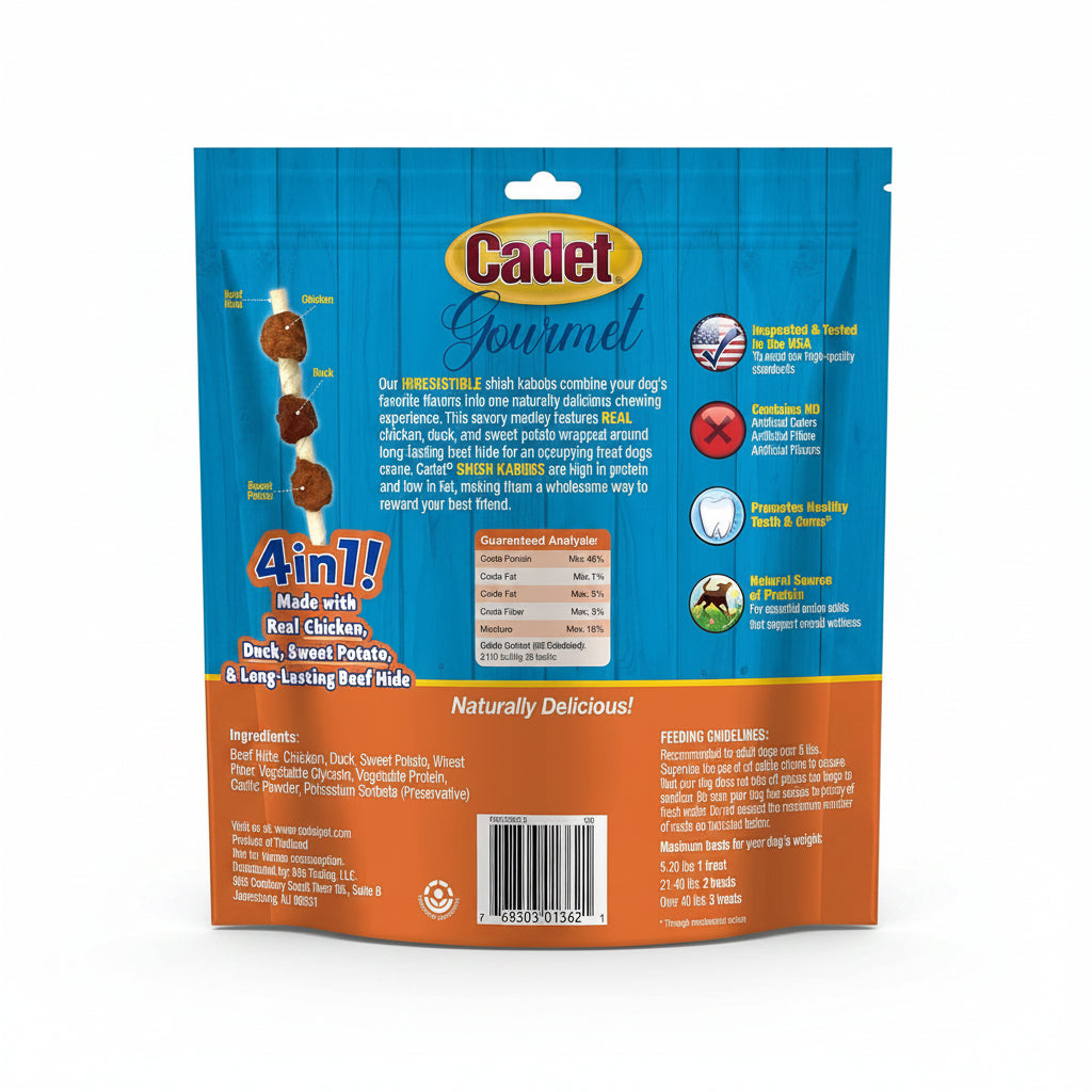Cadet Gourmet Shish Kabob Dog Chews for Small Dogs, Rawhide Treats with Chicken, Duck and Sweet Potato, Healthy & Natural Beef Hide, 5-Inch Sticks, 12 oz.