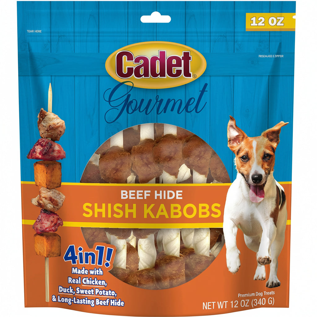 Cadet Gourmet Shish Kabob Dog Chews for Small Dogs, Rawhide Treats with Chicken, Duck and Sweet Potato, Healthy & Natural Beef Hide, 5-Inch Sticks, 12 oz.