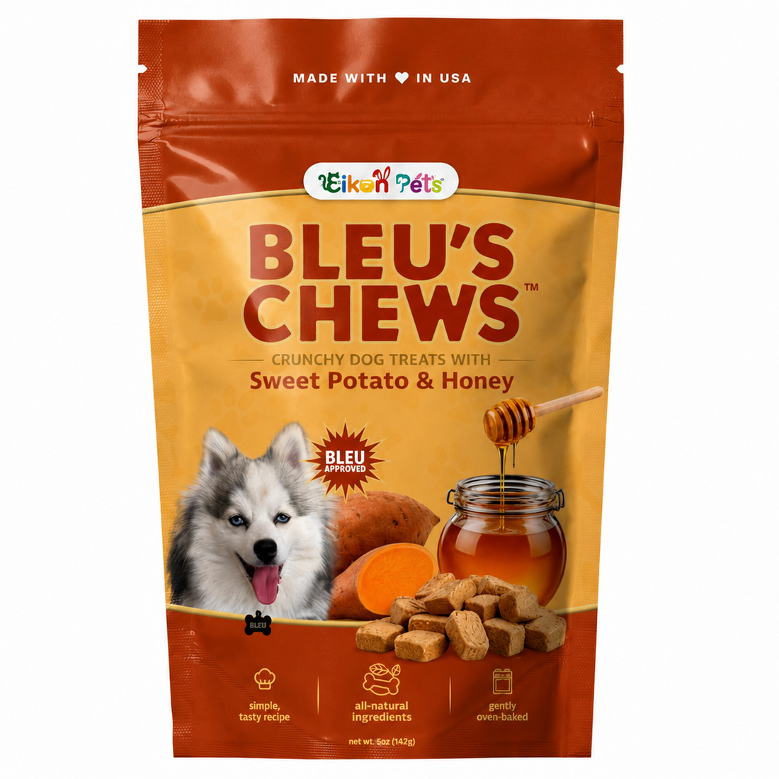 Eikon Pets BLEU'S CHEWS Crunchy Dog Treats with Sweet Potato & Honey, Oven-Baked, All-Natural, 5 oz