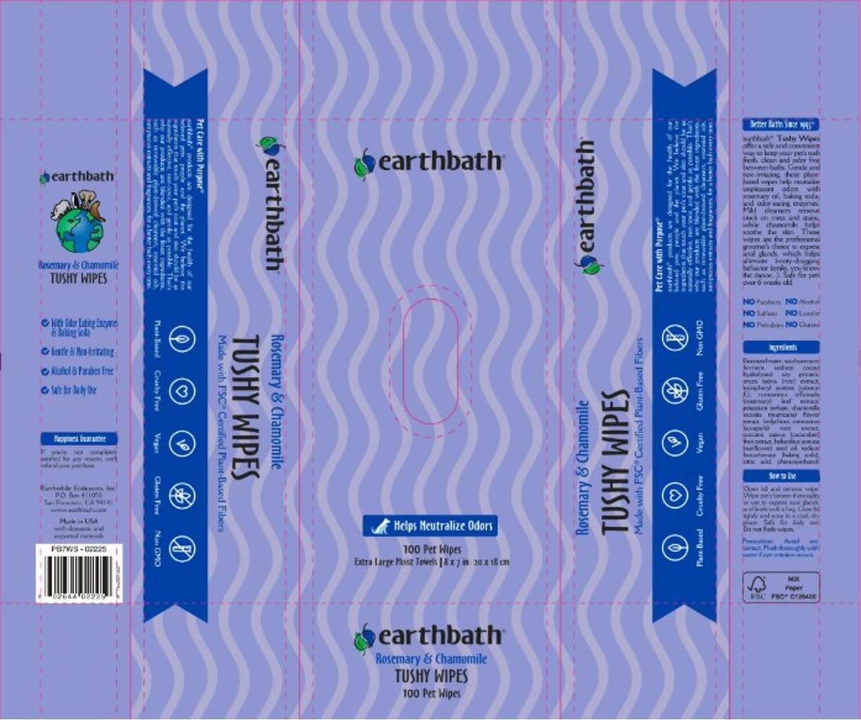 earthbath, Rosemary & Chamomile Tushy Wipes, 100 ct