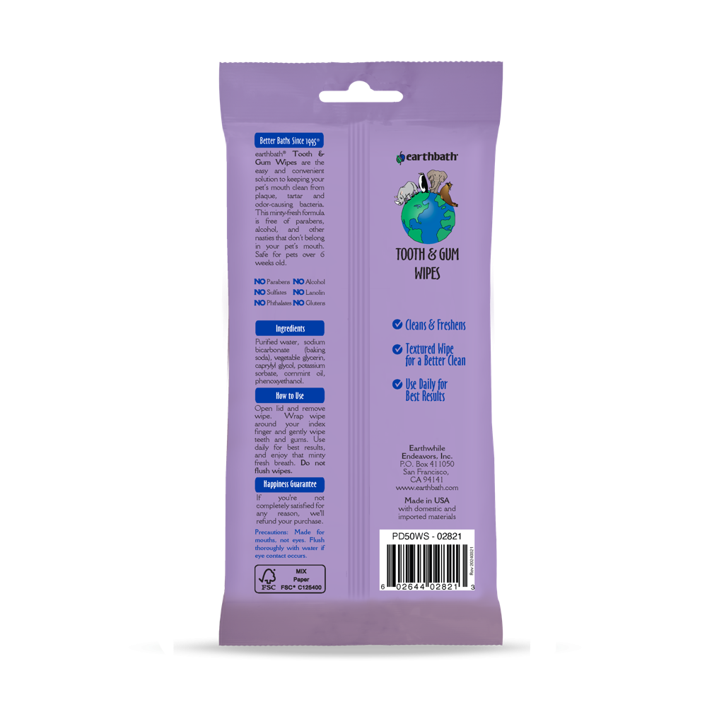 earthbath Tooth & Gum Wipes - Mint Dog Teeth Cleaning Wipes, No Brush Pet Dental Finger Swab for Dog and Cat Teeth Cleaning, Made in USA - Baking Soda & Cornmint, 50 Count