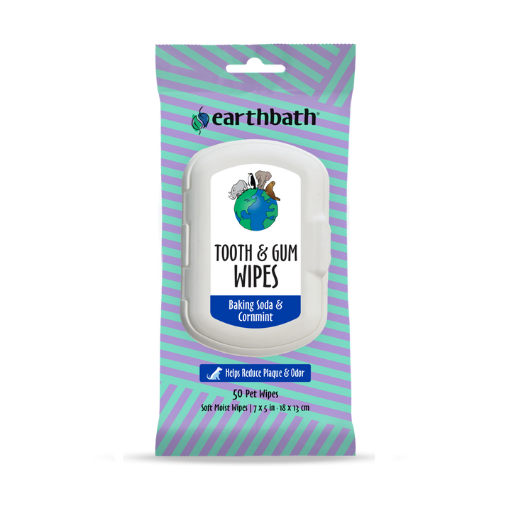 earthbath Tooth & Gum Wipes - Mint Dog Teeth Cleaning Wipes, No Brush Pet Dental Finger Swab for Dog and Cat Teeth Cleaning, Made in USA - Baking Soda & Cornmint, 50 Count