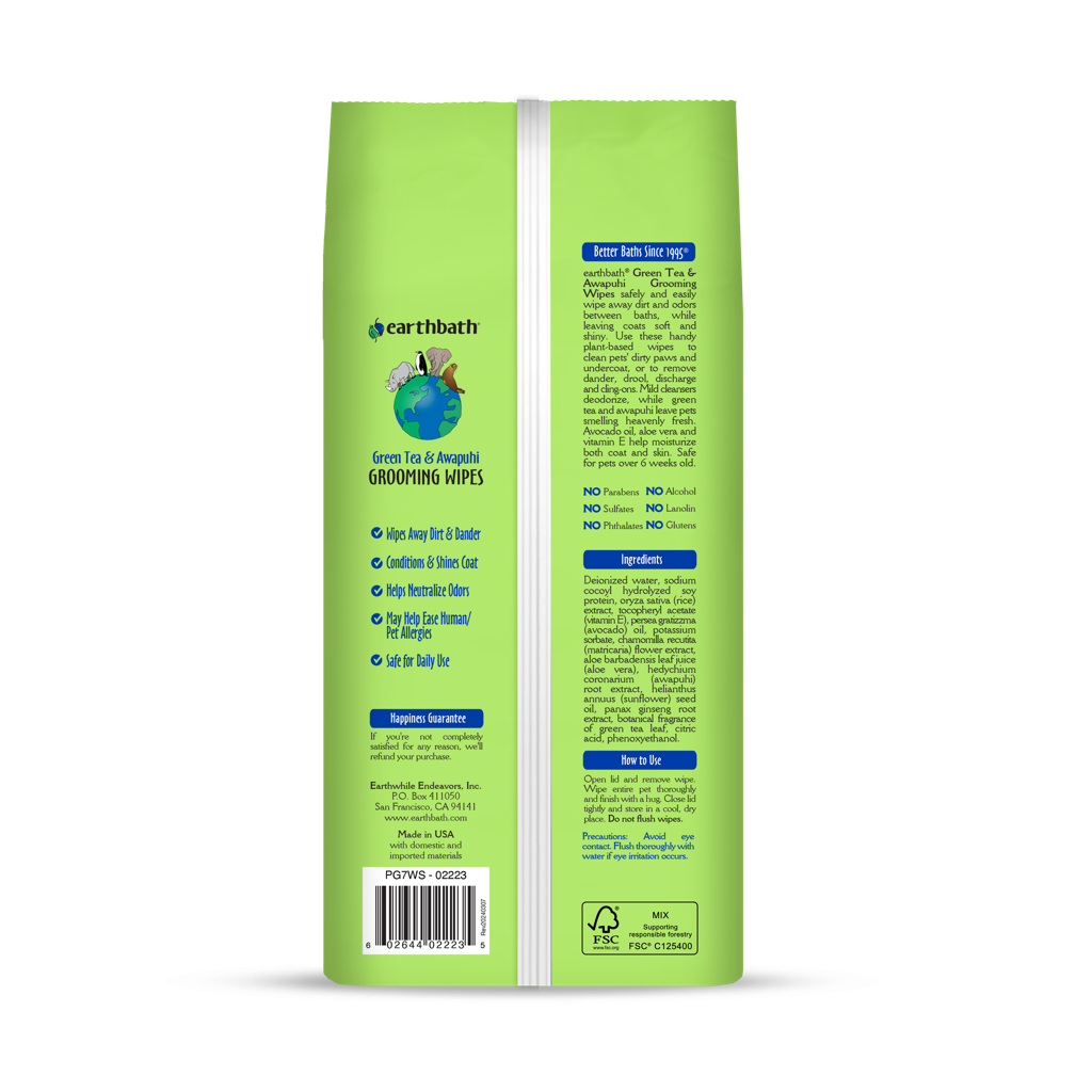 earthbath Green Tea & Awapuhi Pet Grooming Wipes for Dogs & Cats - 100 Count