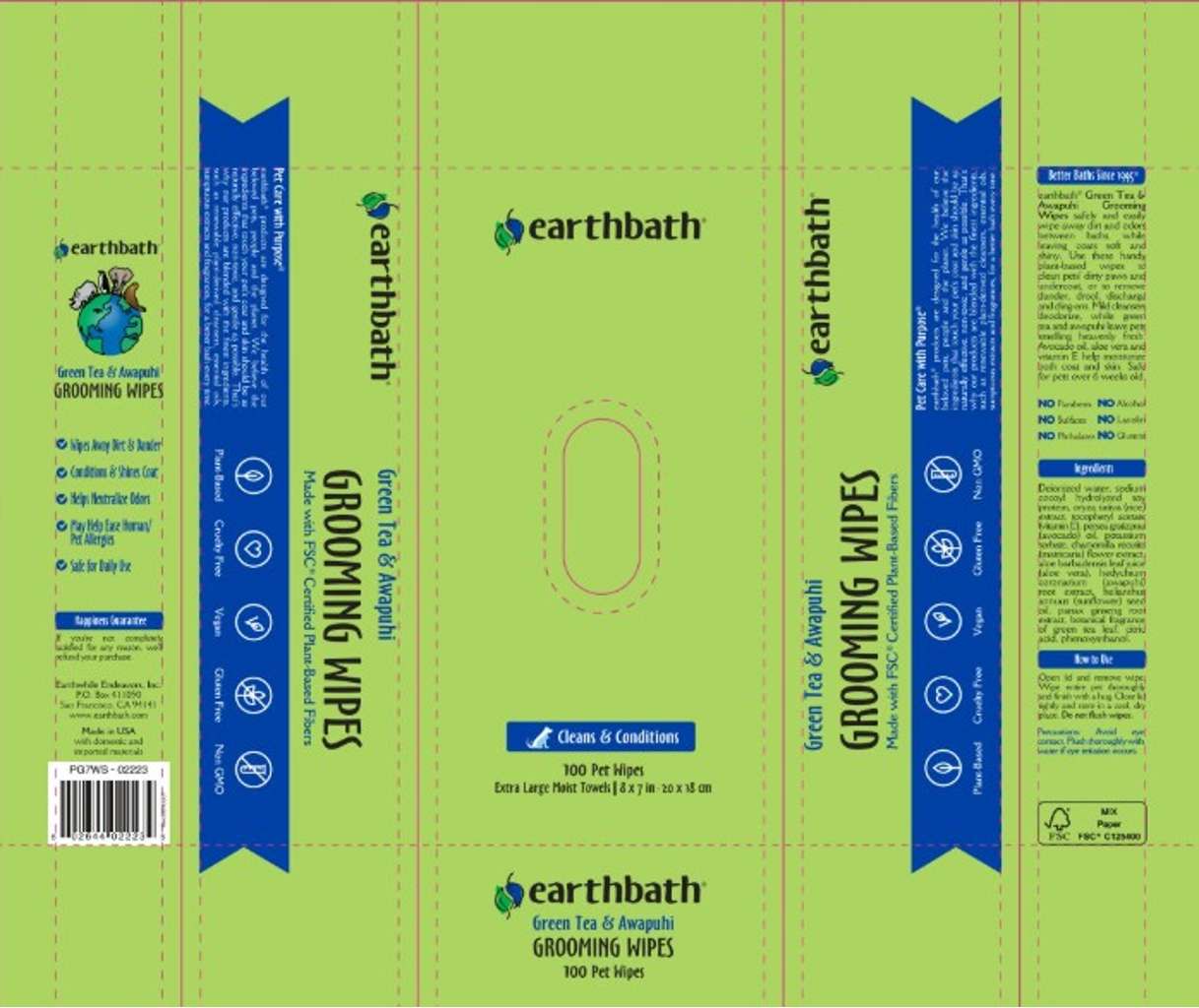 earthbath Green Tea & Awapuhi Pet Grooming Wipes for Dogs & Cats - 100 Count