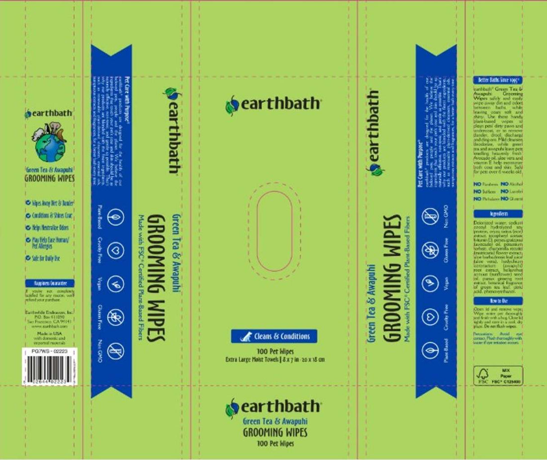 earthbath Green Tea & Awapuhi Pet Grooming Wipes for Dogs & Cats - 100 Count