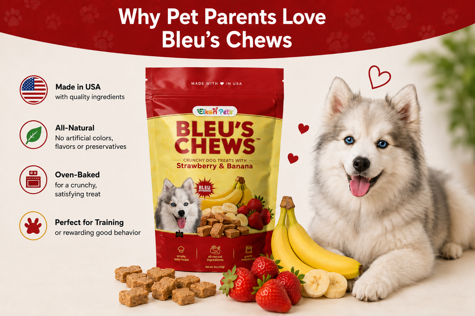 Bleu's Chews Crunchy Dog Treats with Strawberry & Banana | 5 oz