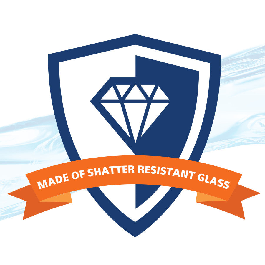 Logo with a shield and diamond symbol, indicating shatter-resistant glass, on a white background.