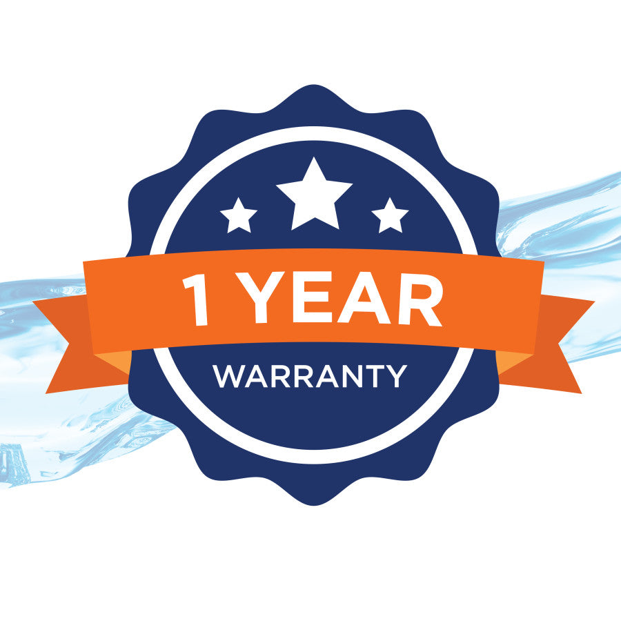 1 Year Warranty badge with blue and orange design on a white background